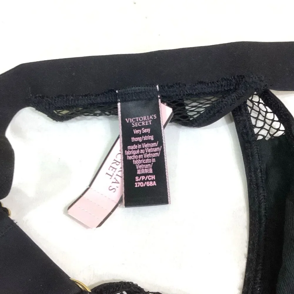 Victorias Secret Very Sexy Thong String Small/Petite Black Fishnet Gold Hardware